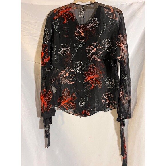 Diane Von Furstenberg Fenelon Blouse Woman's 4 Floral Bow Neck Sheer Silk Black - Picture 2 of 8
